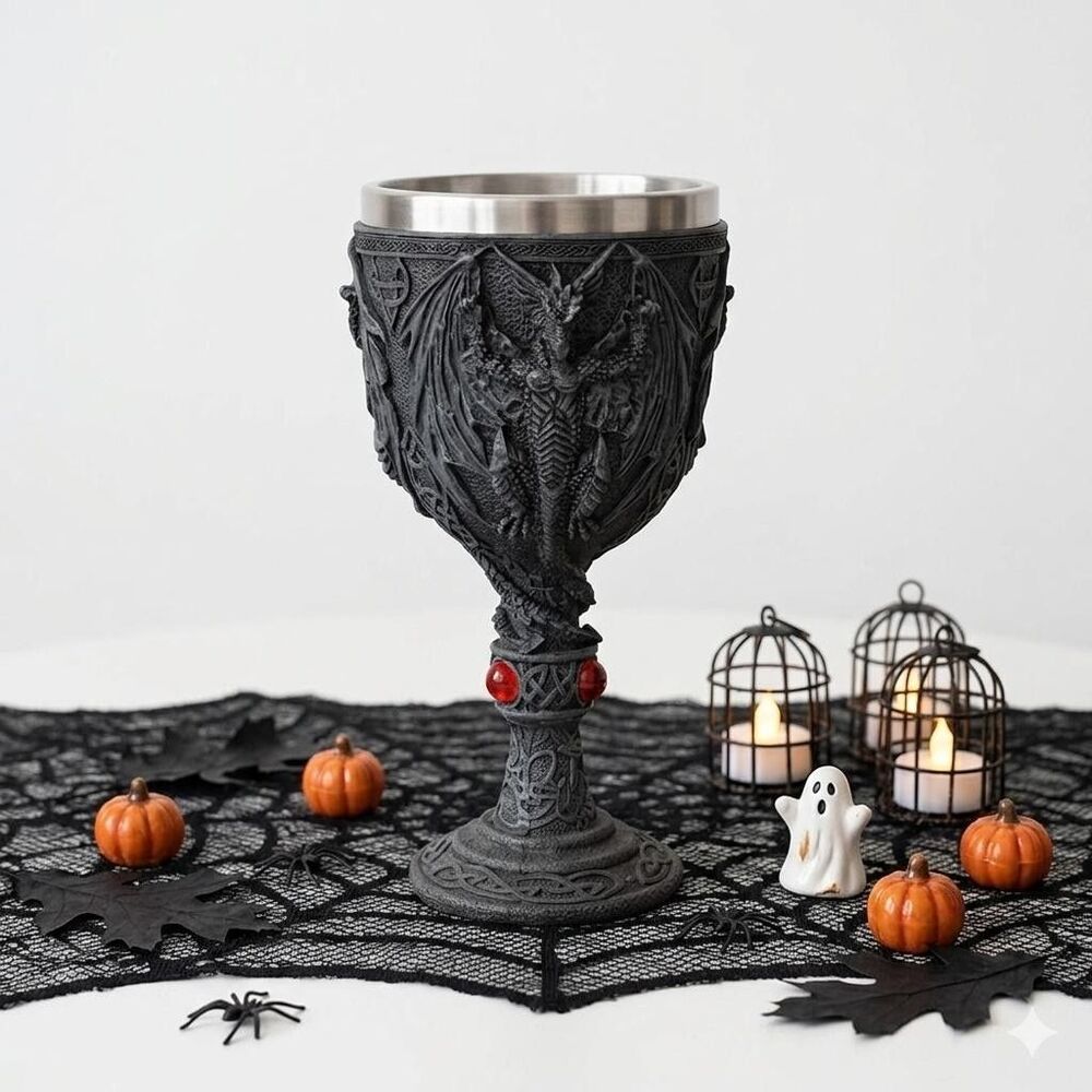 Dragon Red Stone Goblet Black Gothic Stainless Steel Halloween Fantasy Cup